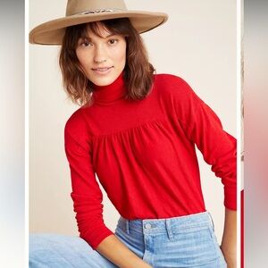 Anthropologie Maeve Mariah Gathered Turtleneck Red Cotton Long Sleeve Top